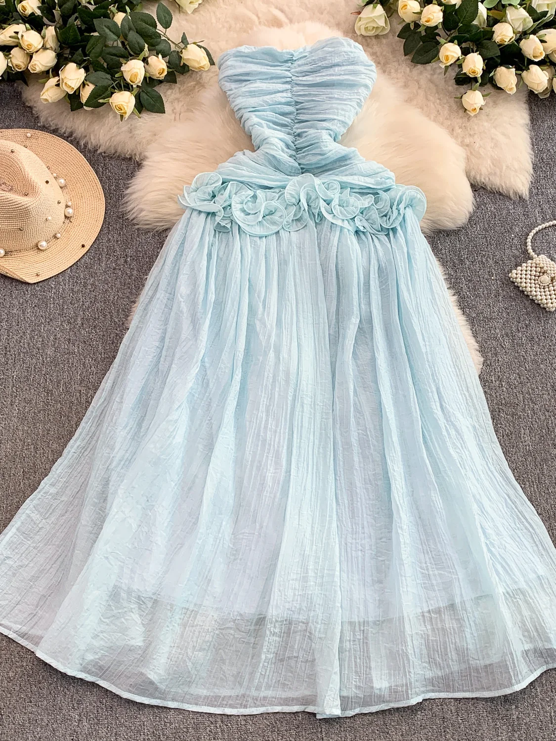 Ele Floral 3D Emed Tube Dr Abito da donna a pieghe in vita elastica che dimagrisce maxi gonna da fata abito a trapezio