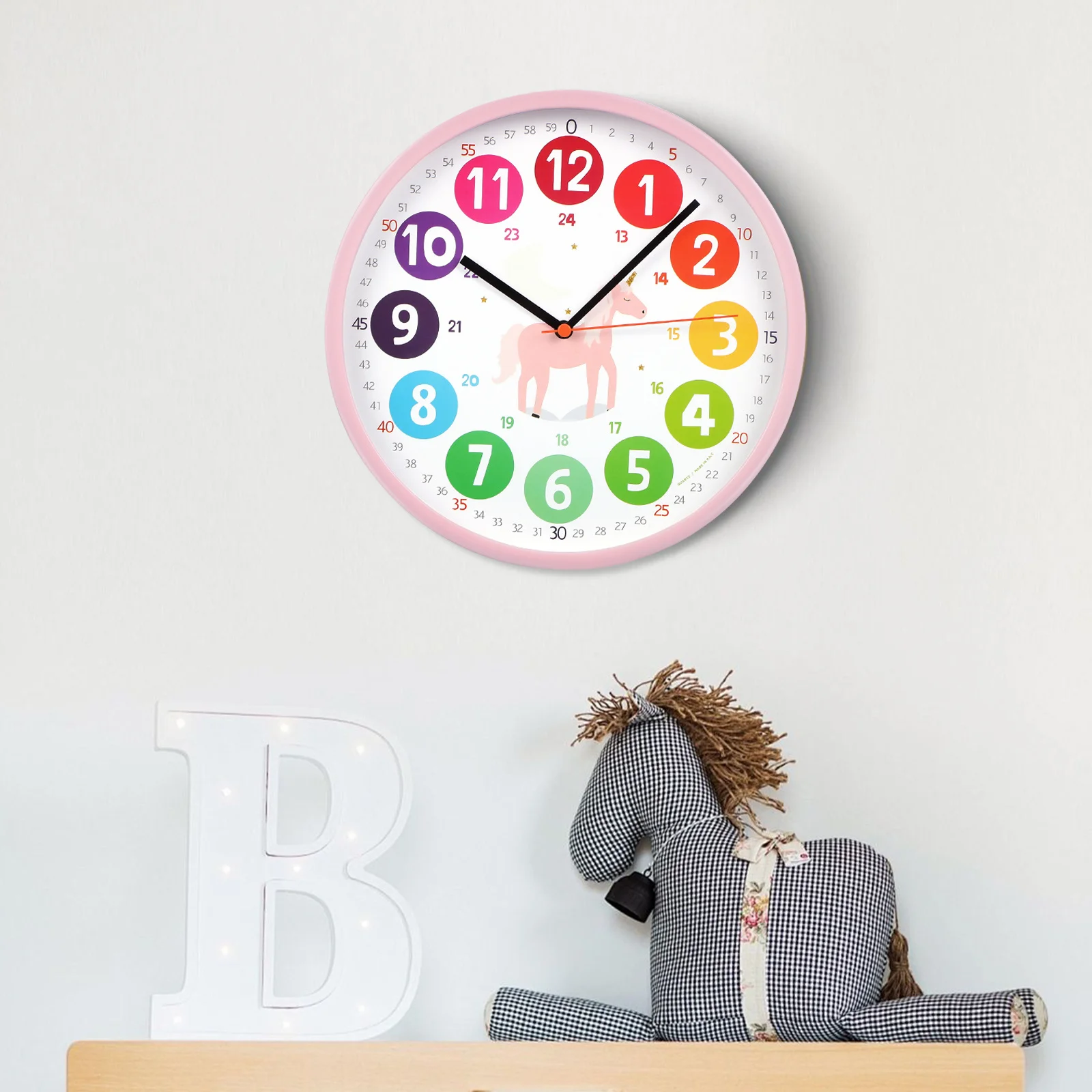 

Kids Wall Clock Silent Movement Colorful Numbers Cute Patterns Time Learning Aid Nursery Bedroom Decor Kids Learning Clock