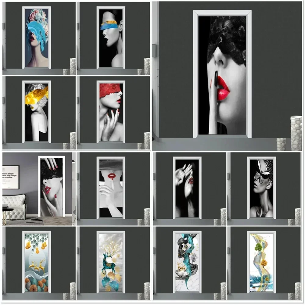 Fashionable Female Model Door Stickers Modern Art PVC Waterproof Mural Decal Bedroom Living Room Self-adhesive Home  Poster