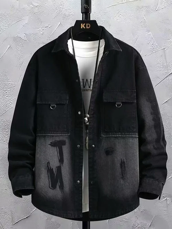 Gradient Color Denim Jacket Men's Casual Loose Fit Workwear Style Black Shirt Vintage Autumn New Arrival Outerwear Coat