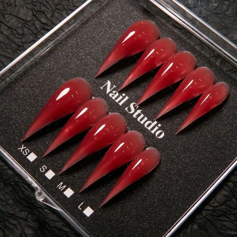 Handmade Solid Red Stiletto Press On Nails Jelly Red Fake Nail Tips Reusable Long Pointed False Nails For Nail Art Salon Manicur