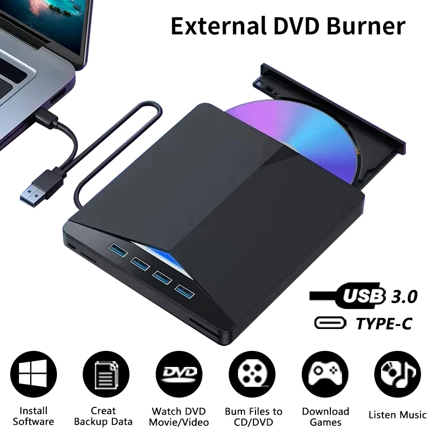 

7-in-1 USB 3.0 Type C External Optical Drives CD Player RW DVD Burner Recorder Reader TF SD Tray Type for PC Laptop Notebook