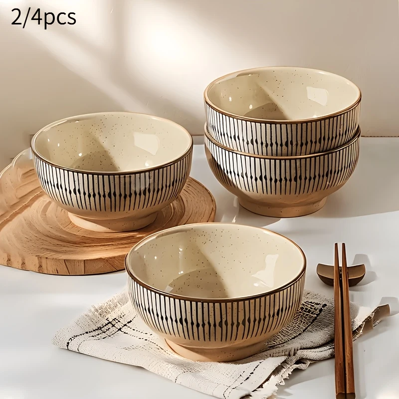 Image of 2/4 Stück 4,5-Zoll Verdickte Keramikschüsseln - Salat-/Reis-/Dessert-/Suppen-/Nudelschüsseln, Unterglasur-Farbdesign, Mikrowellengeeignet