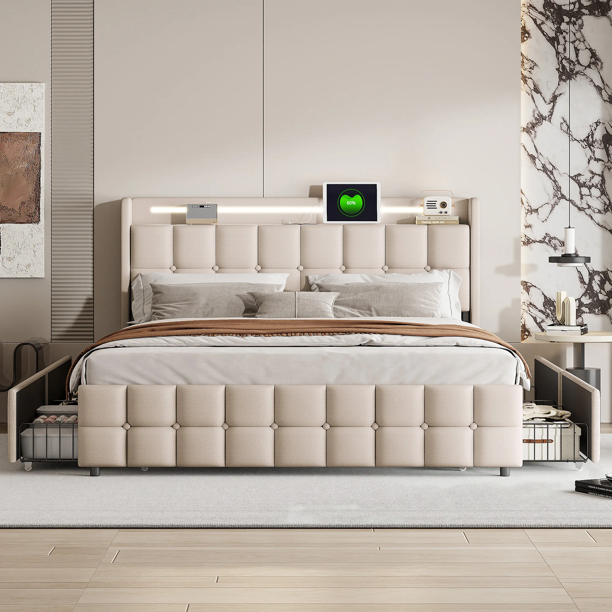 Rosahqnda Doppelbett für Erwachsene 160/180x200 cm mit LED-Beleuchtung und 4 Schubladen, gepolstertes modernes Bettgestell für das Schlafzimmer, Leinenstoff, Beige/Grau, ohne Matratze
