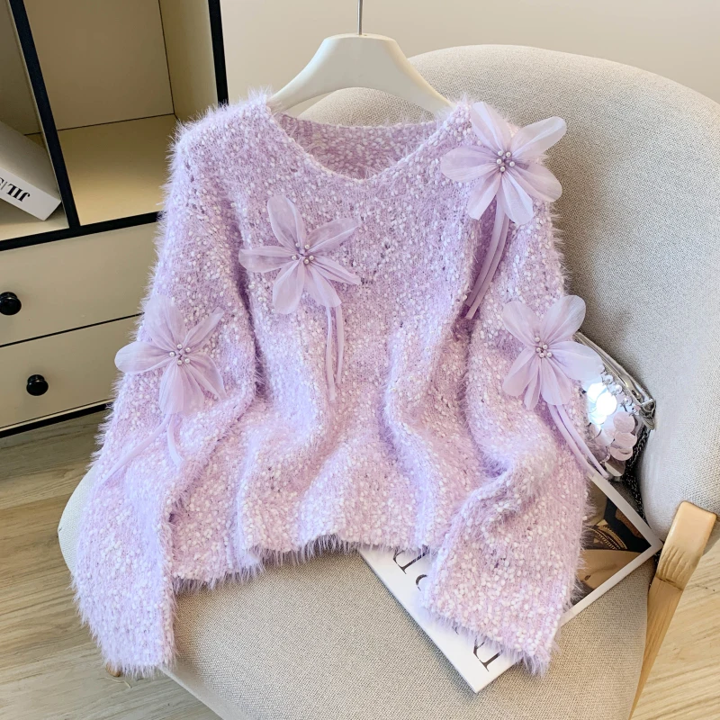 Rosa tridimensional prego grânulo flor camisola feminina outono inverno novo doce macio versátil o-pescoço camisola de malha topo s208