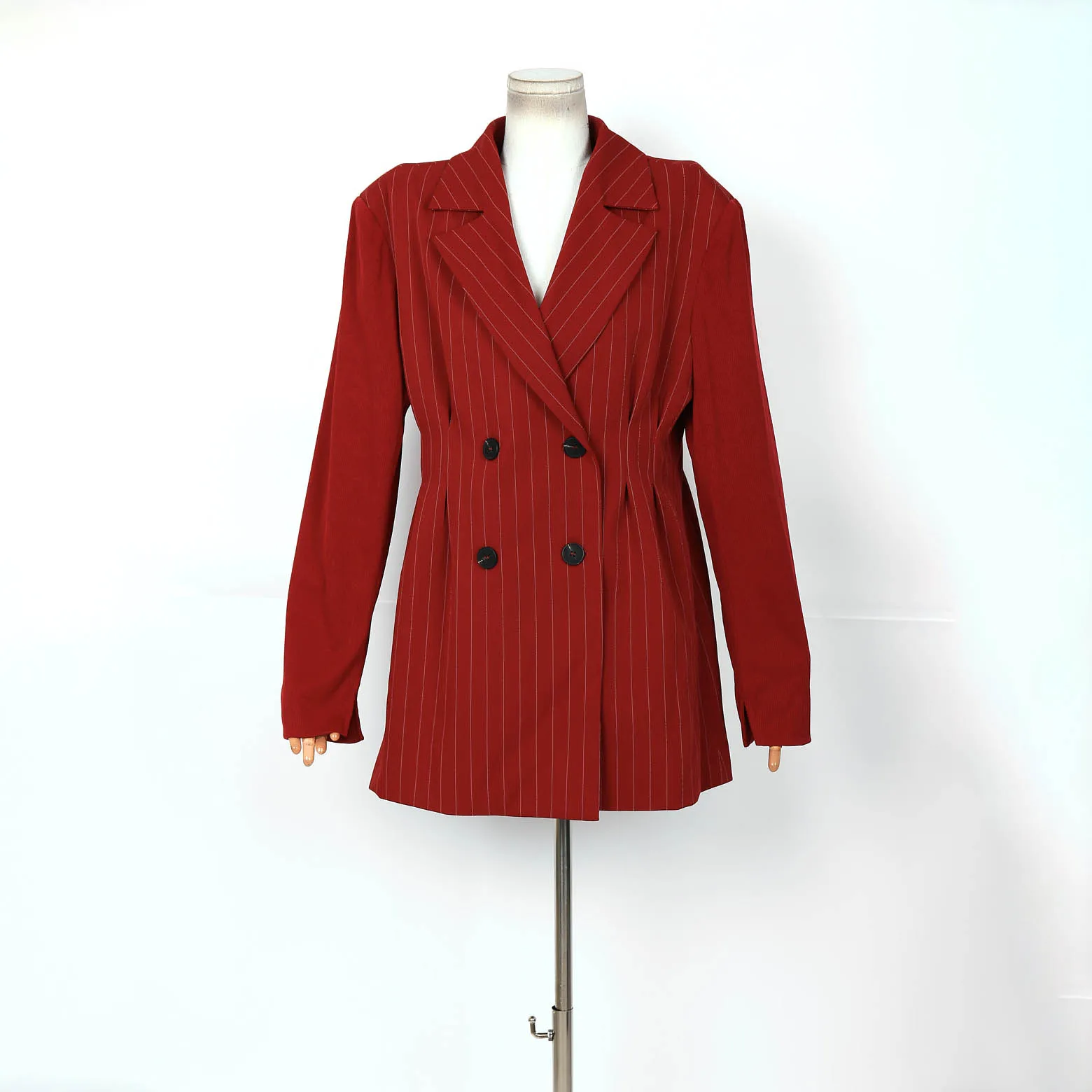 

Женский весенний пиджак высокого качества, мода 2025 года, красное двубортное пальто в тонкую полоску с лацканами и длинными рукавами в винтажном стиле