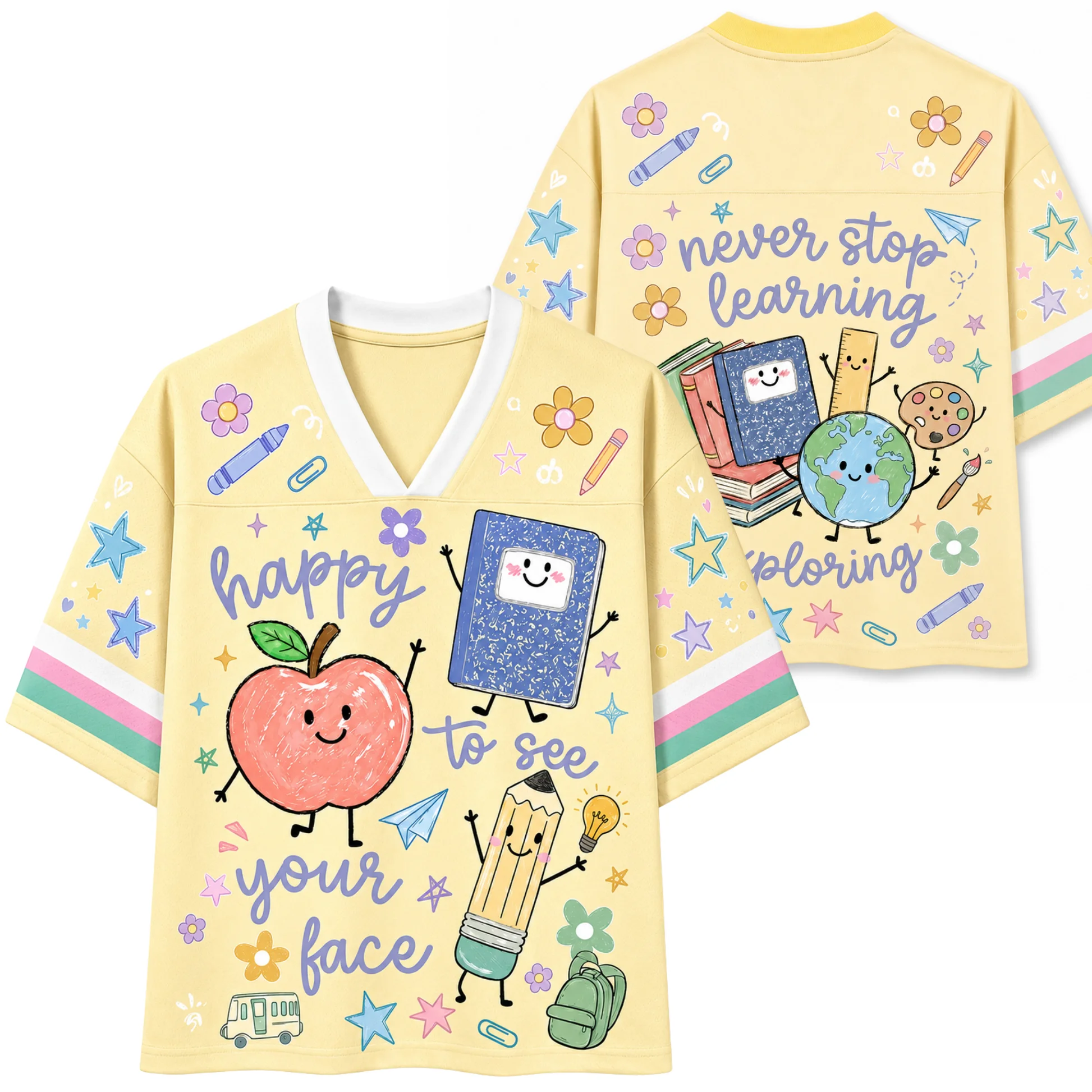 camiseta-esportiva-casual-infantil-com-estampa-floral-e-estrelas-decote-em-v-bloco-de-cores-amarelo-e-punhos-listrados-–-perfeita-para-a-volta-as-aulas