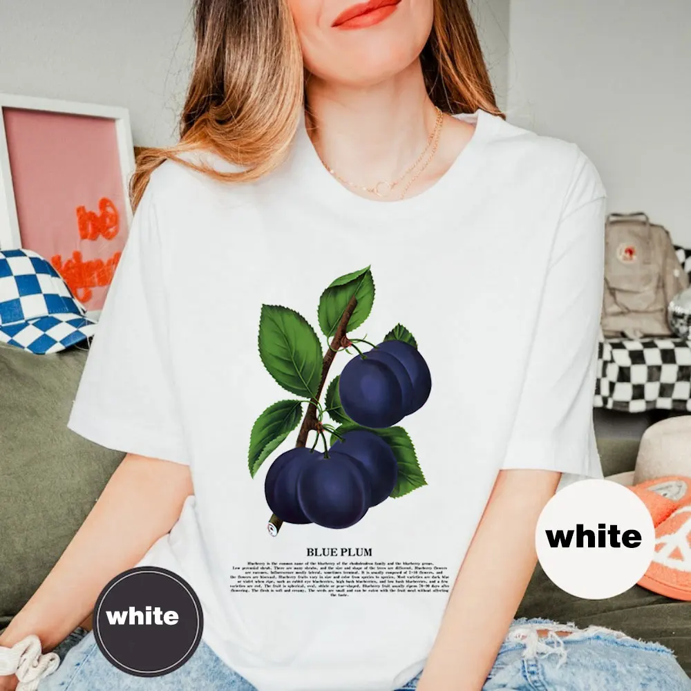 Blue Plum Shirt Vintage Shirt for Women Strawberries T-Shirt Aesthetic Fruit TShirt Vegetable Tee Crewneck for Women Trendy Tees