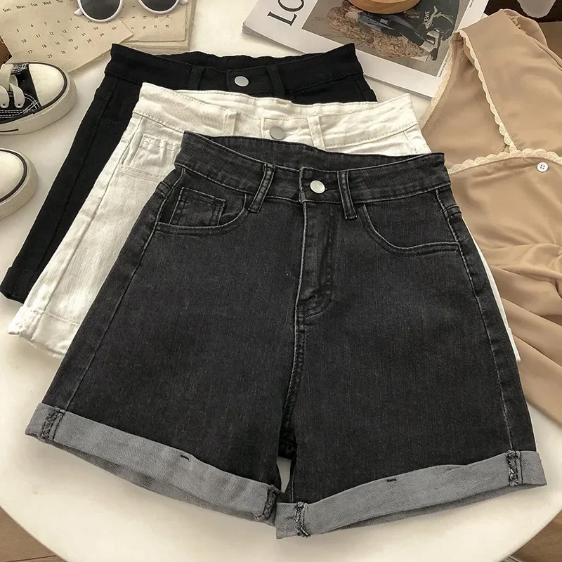 New Summer Women Wide Leg Classic High Waist Black Denim Shorts Casual Female Solid Color White Blue Loose Jeans Shorts