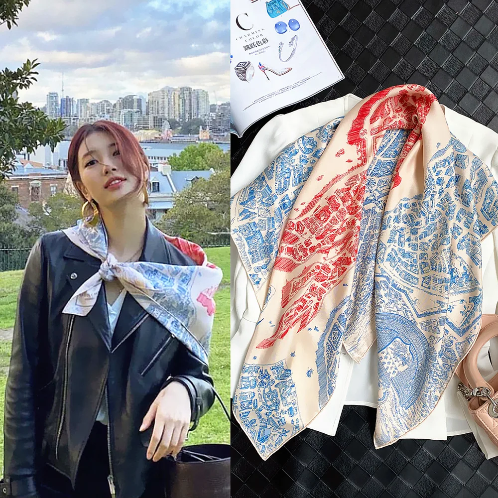 New Year\'s Gift Spring 90x90cm New Handmade Curled Edge Women\'s Twill Versatile Square Scarf Silk Scarf Sunscreen Shawl