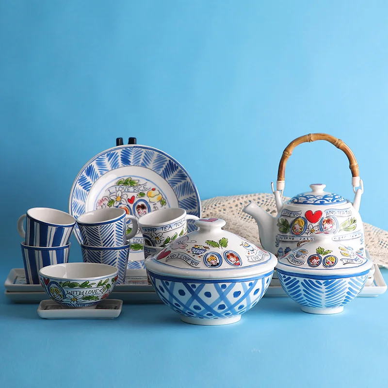 Ceramic Water Cup Teapot Bowl Dish Household Tableware Dutch Export Cartoon Asian Series Set Instant Noodle Bowl Plate