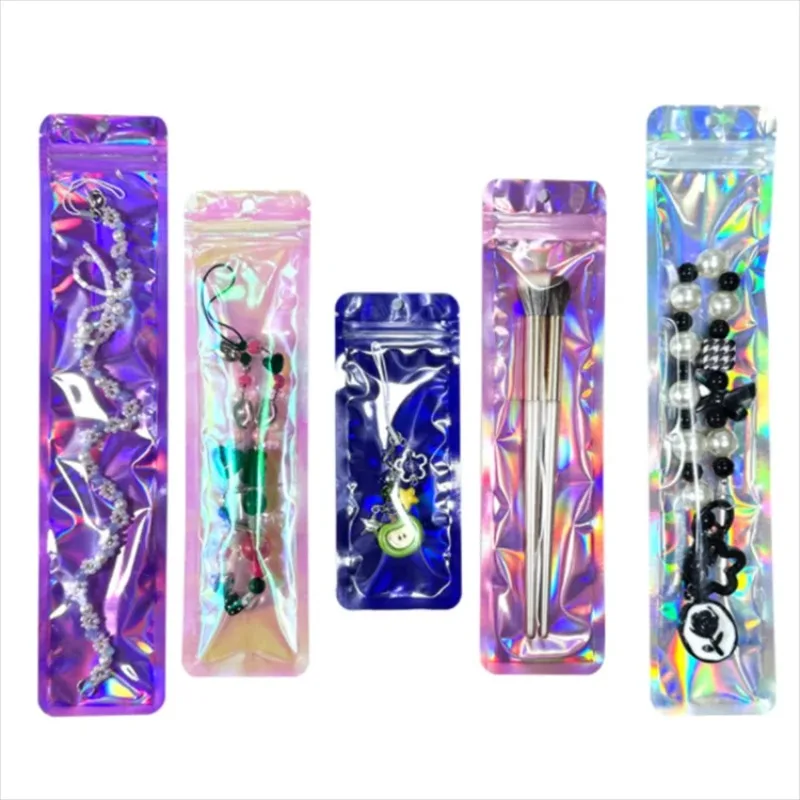 

100PCS Ziplock Hanging Holographic Iridescent Packaging Bag DIY Pen Data Cable Necklace Jewelry Watch Long Strip Sealed Pouches