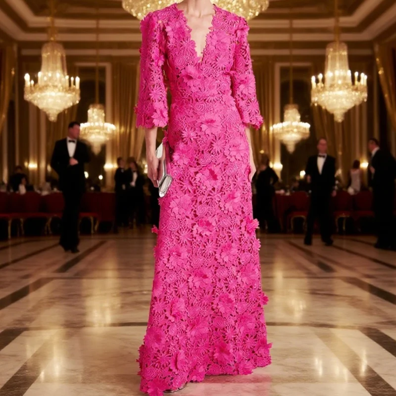 

Exquisite Rose Pink Mother Dresses Lace 3/4 Sleeves Mother of the Bride Gowns V Neckline Wedding Party Dresses