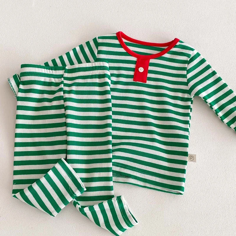 2024 Christmas Costume New Year Clothing Suit Newborn Baby Boys Girls Clothes Set Long Sleeved Cotton Striped T-shirt+Pants