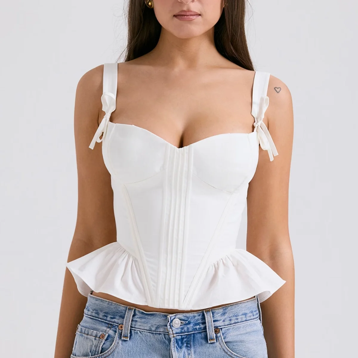 Women's French Elegant Lace-up Cami Corset Tops Zip Back Sexy Bodyshaper Bustier White Top Outfits Sleeveless Lingerie Tank Tops