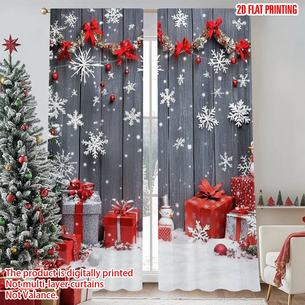 

2pcs 2D flat printing Merry Christmas Scene Curtains Winter Festivals Snowflakes Christmas Tree Versatile Polyester Fabric