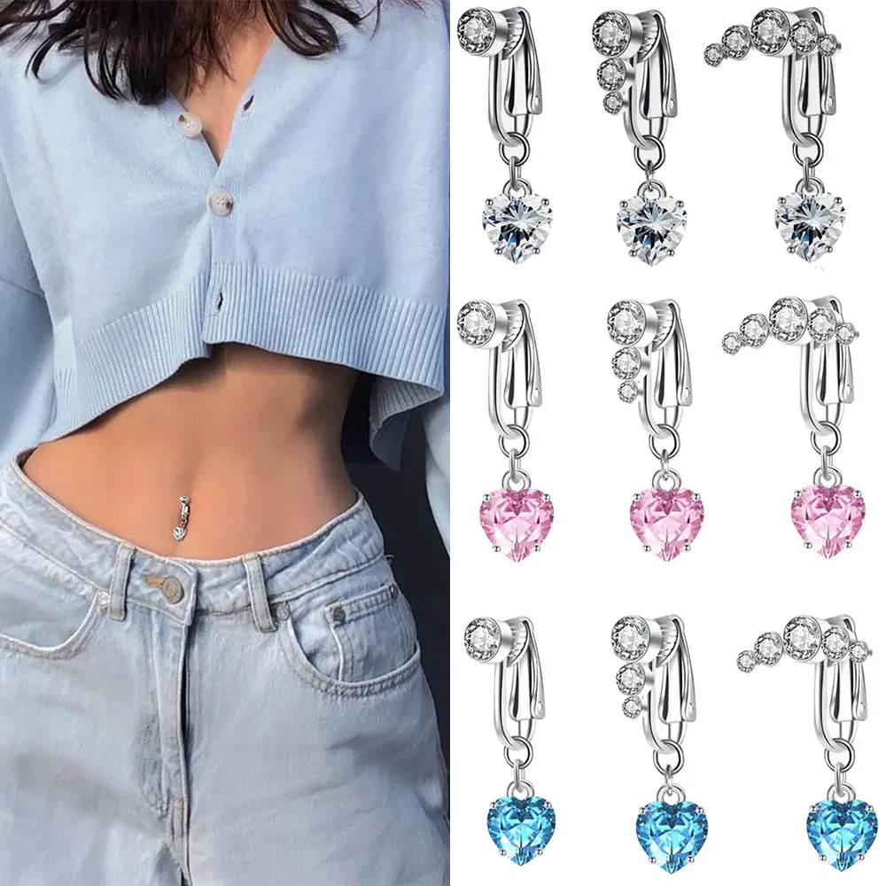 

Faux Fake Belly Piercing Ring Butterfly Heart Dangling Long Fake Belly Button Pircing Clip On Umbilical Navel Cartilage Clip