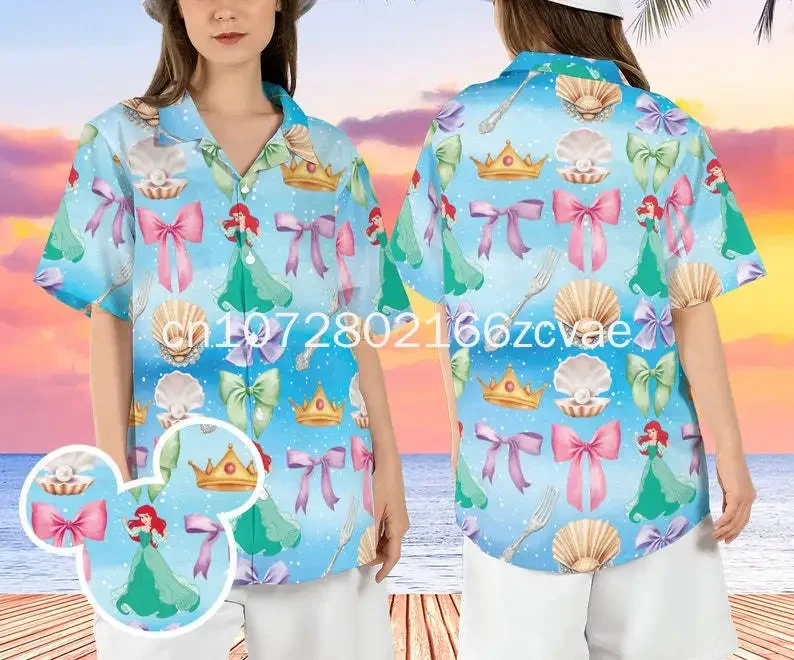 New Women The Little Mermaid Hawaiian Shirt Disney Princess Hawaiian Shirt Men's and Women's Vintage Button Short sleeved Shirt