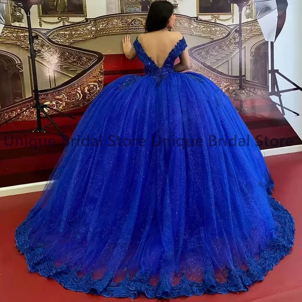 Personalizado royal azul vestido de baile quinceanera vestido fora do ombro decote em v glitter vestido de festa de aniversário apliques doce 15 anos dres