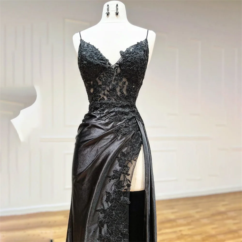 Lily Spaghetti Strap Black Prom Dress Mermaid Sexy Celebrity Dresses Women\'s Evening Dress Appliques Lace Formal Gown 프롬 드레스
