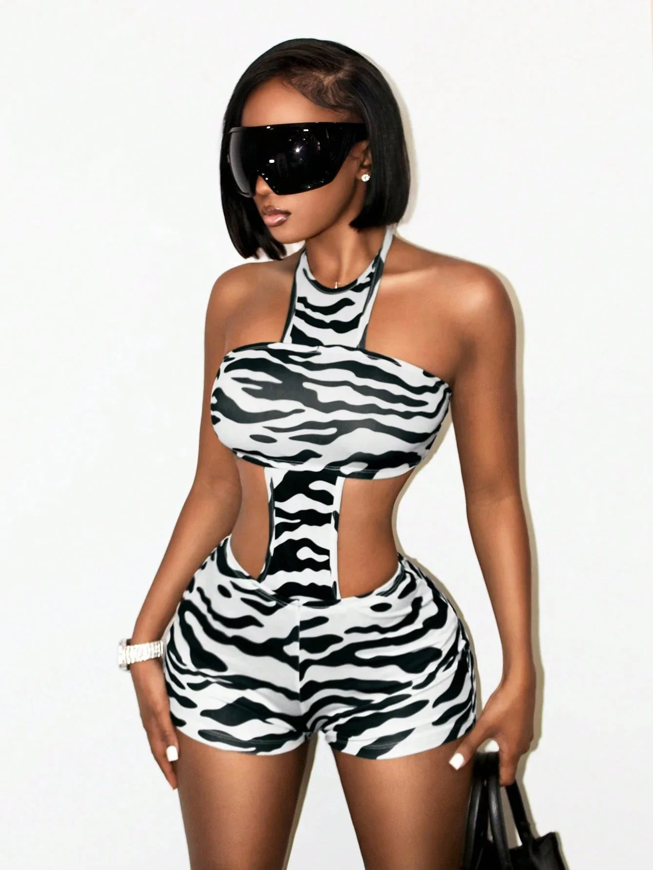 

STYLISH LADY Zebra Print Two Piece Set Women Halter Neck Cut Out Bodycon Shorts Jumpsuit Sexy Slim Fit Stretch Party Clubwear