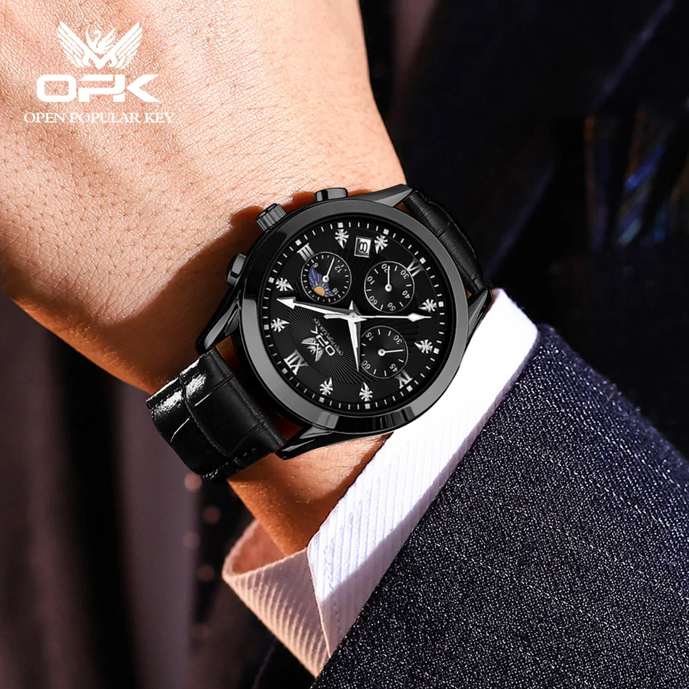 OPK 브랜드 남성용 가죽 벨트 야광 쿼츠 시계 남성용 8162