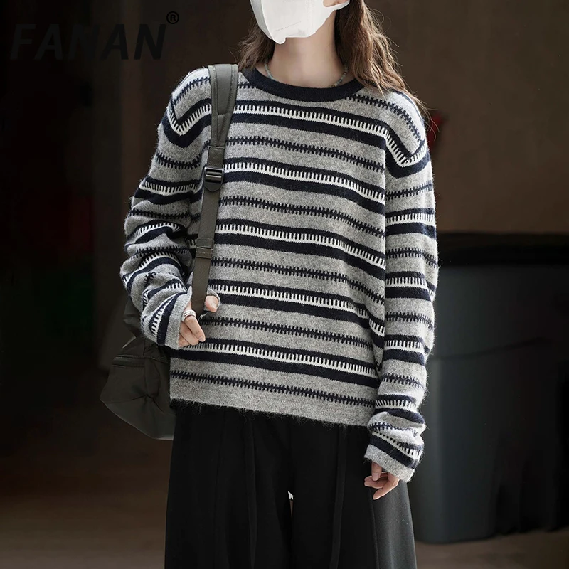 

FANAN винтажный полосатый шерстяной вязаный свитер контрастного цвета для женщин, повседневные свободные топы с круглым вырезом, теплые платья, новинка осени 2023 г.