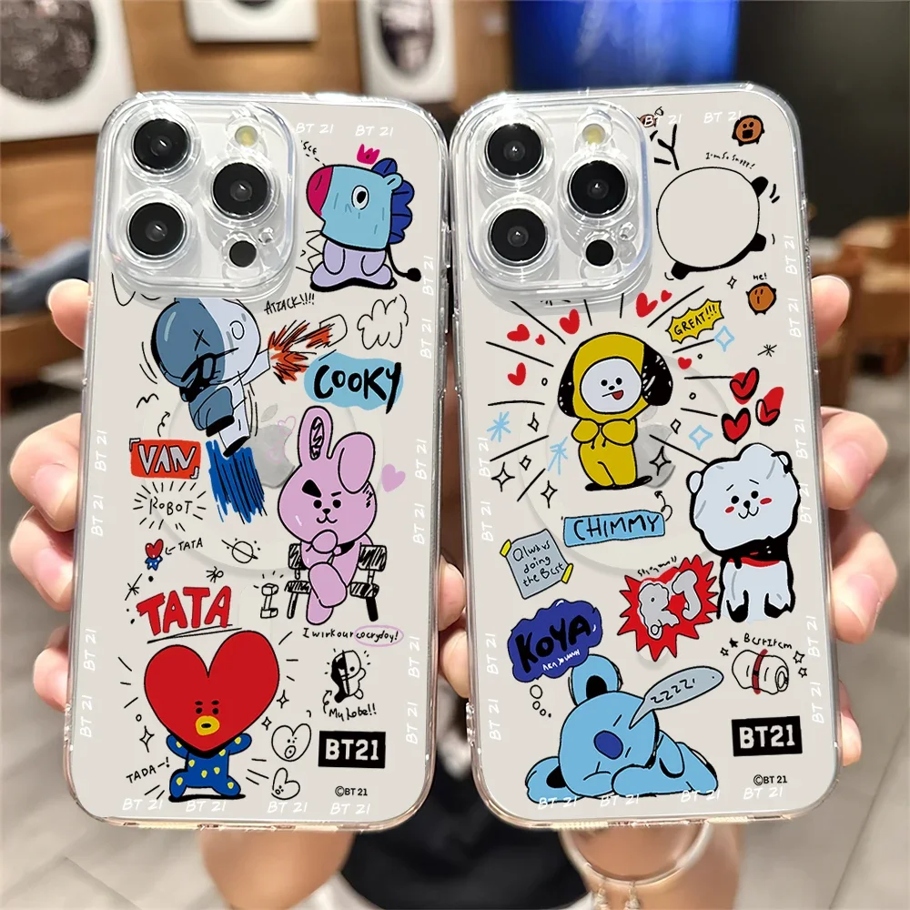 BEST KINGDOM B-BT21 Cute Phone Case for iPhone Plus 11 13 12 14 15 16 Pro Max Transparent Shell Magsafe Magnetic Wireless Cover