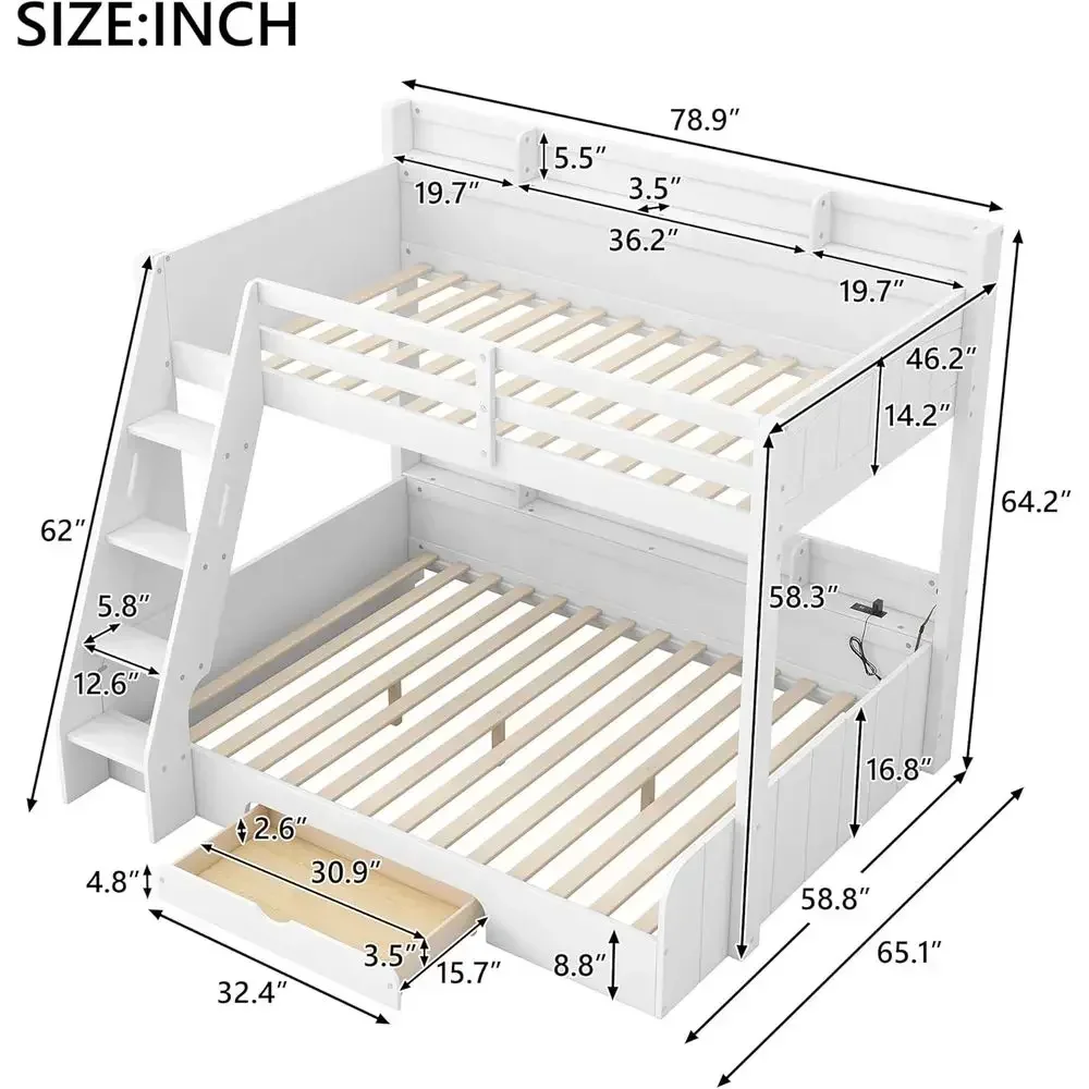 Twin Over Full Loft Bunk Bed with Storage, Desk, LED Lights, Charging Station, Wooden Ladder, Guardrail for Kids in White