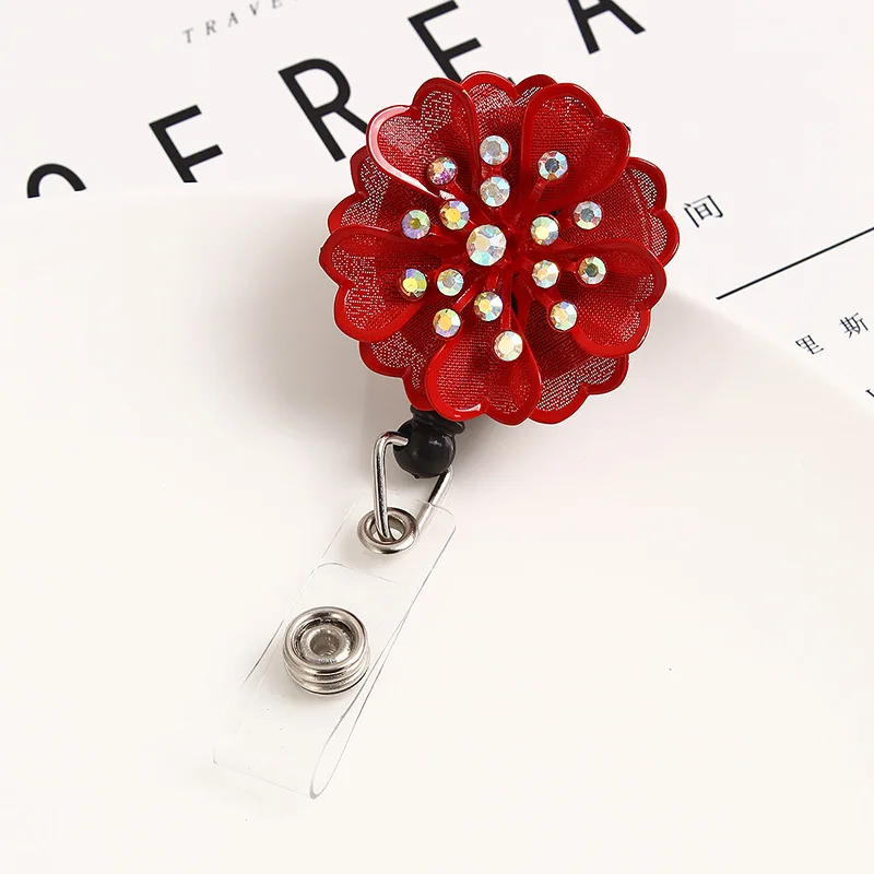 

Luxury Retractable Badge Reel Name Card Holder with Alligator Clip Bling Rhinestone Glitter Rose Flower Keychain for Nurse