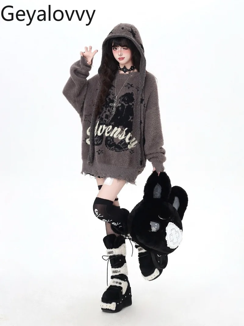 

Detachable Hat American Style Sweet Faux Mink Fur Pullover Vintage Letter Design Loose Casual Outerwear Soft Fuzzy Sweater