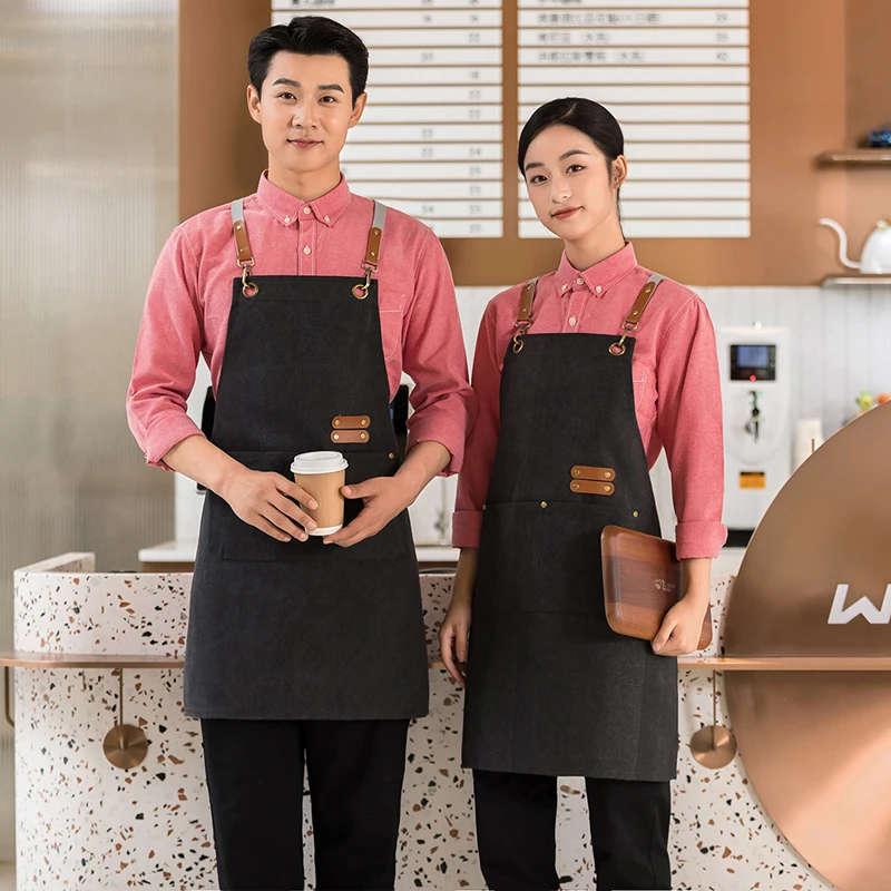 Personalized Adjustable Cross Back Apron Thick 50% Cotton Apron for Cake Shop, Coffee Shop Florist Bib Apron with Pockets view 4