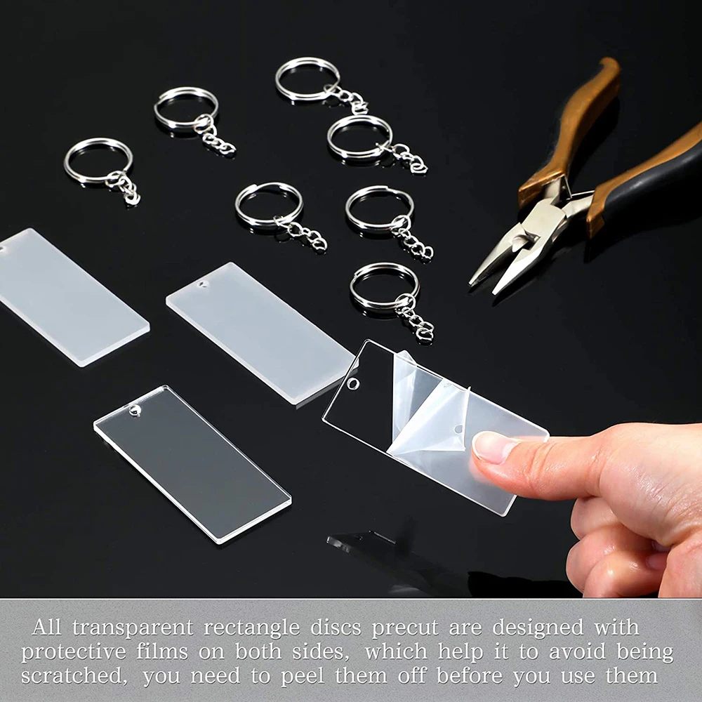 90Pcs Transparent Acrylic KeyChain Blank Charms Key Chains Jump Ring for DIY Craft Ornament Engrave Painting