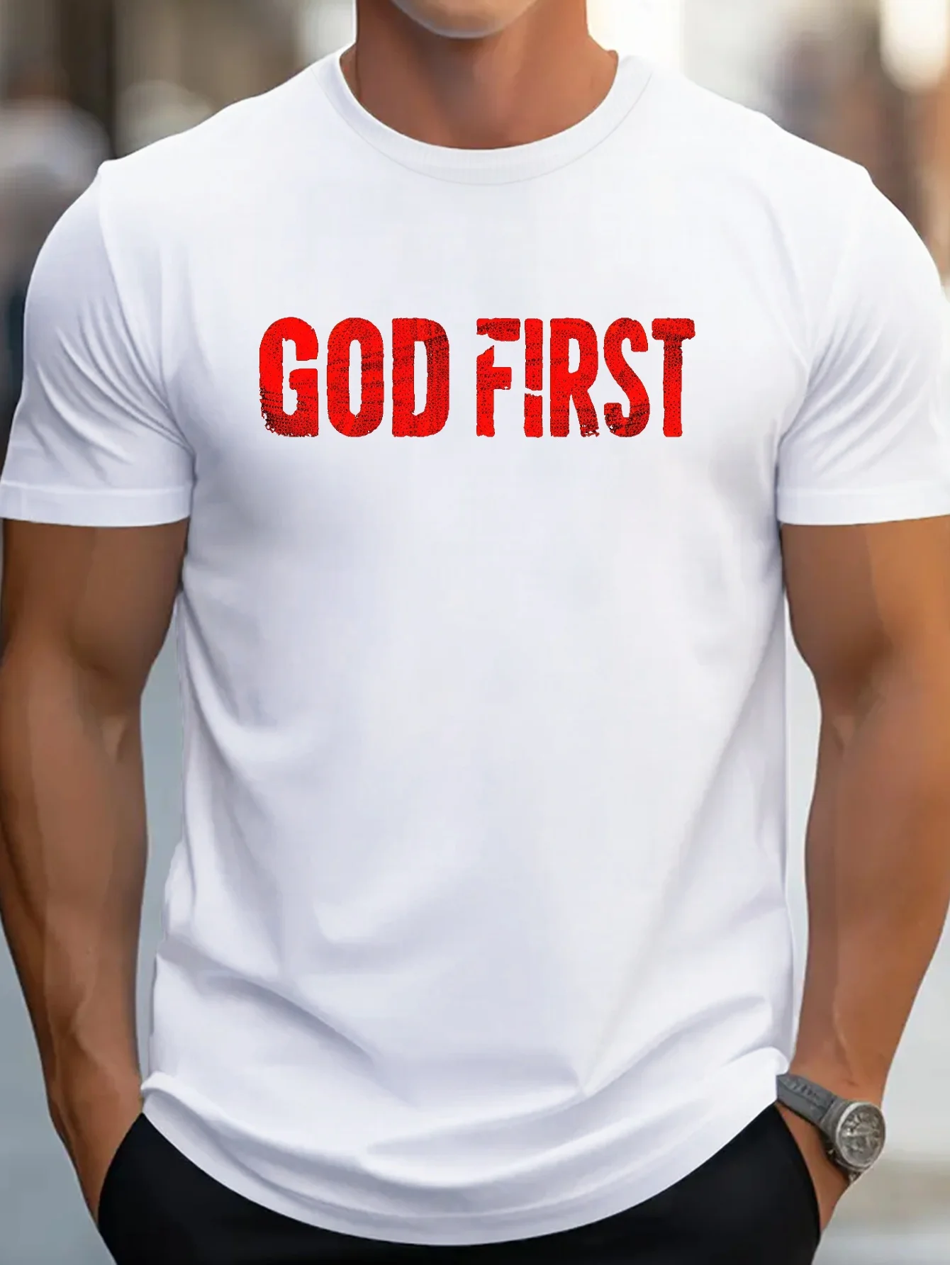 

Men's Pure Cotton T-Shirt Comfort Fit Casual Short Tee with Inspirational GOD FIRST Print Graphic Print Shirt Soft Fabric