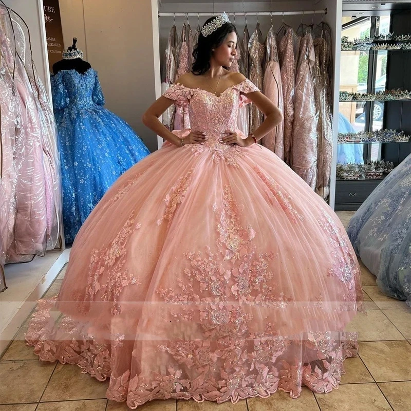 ANGELSBRIDEP Glittering  Pink Quinceanera Dresses Flower Lace Appliques Vestidos De 15 Anos Birthday Party Princess Train Corset