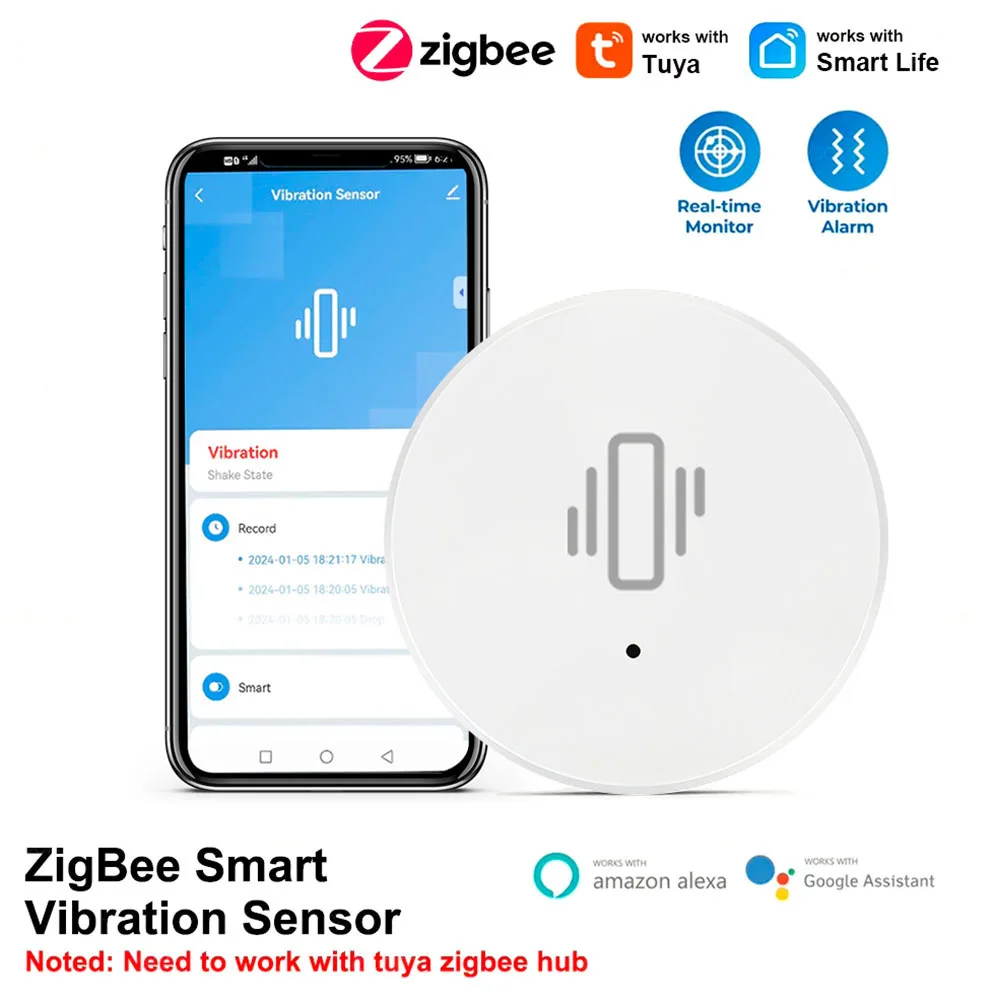 Tuya Zigbee Sensor Vibração inteligente, Home Security Protection, Real-Time Monitor remoto,