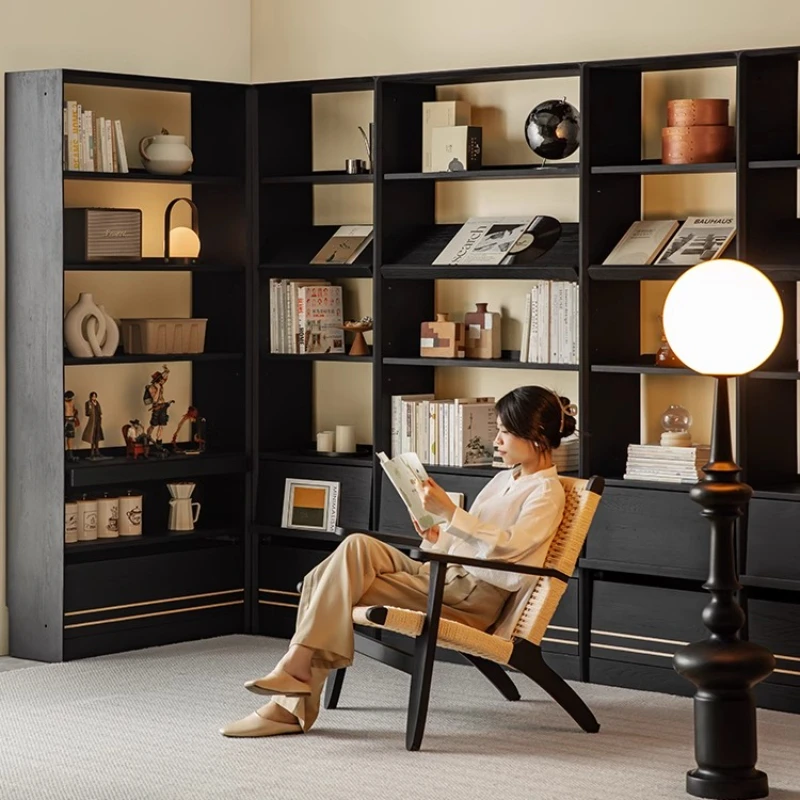 

Solid wood whole wall living room floor-to-ceiling combination cabinet corner black ash wood storage bookshelf