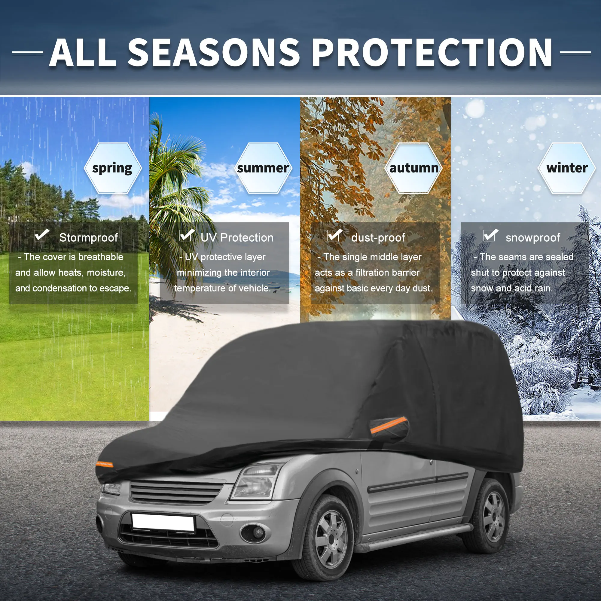 

Uxcell Car Cover Outdoor Waterproof Sun Rain Snow Hail Protection with Left Side Door Zipper 210D-Pu for Ford Transit Connect