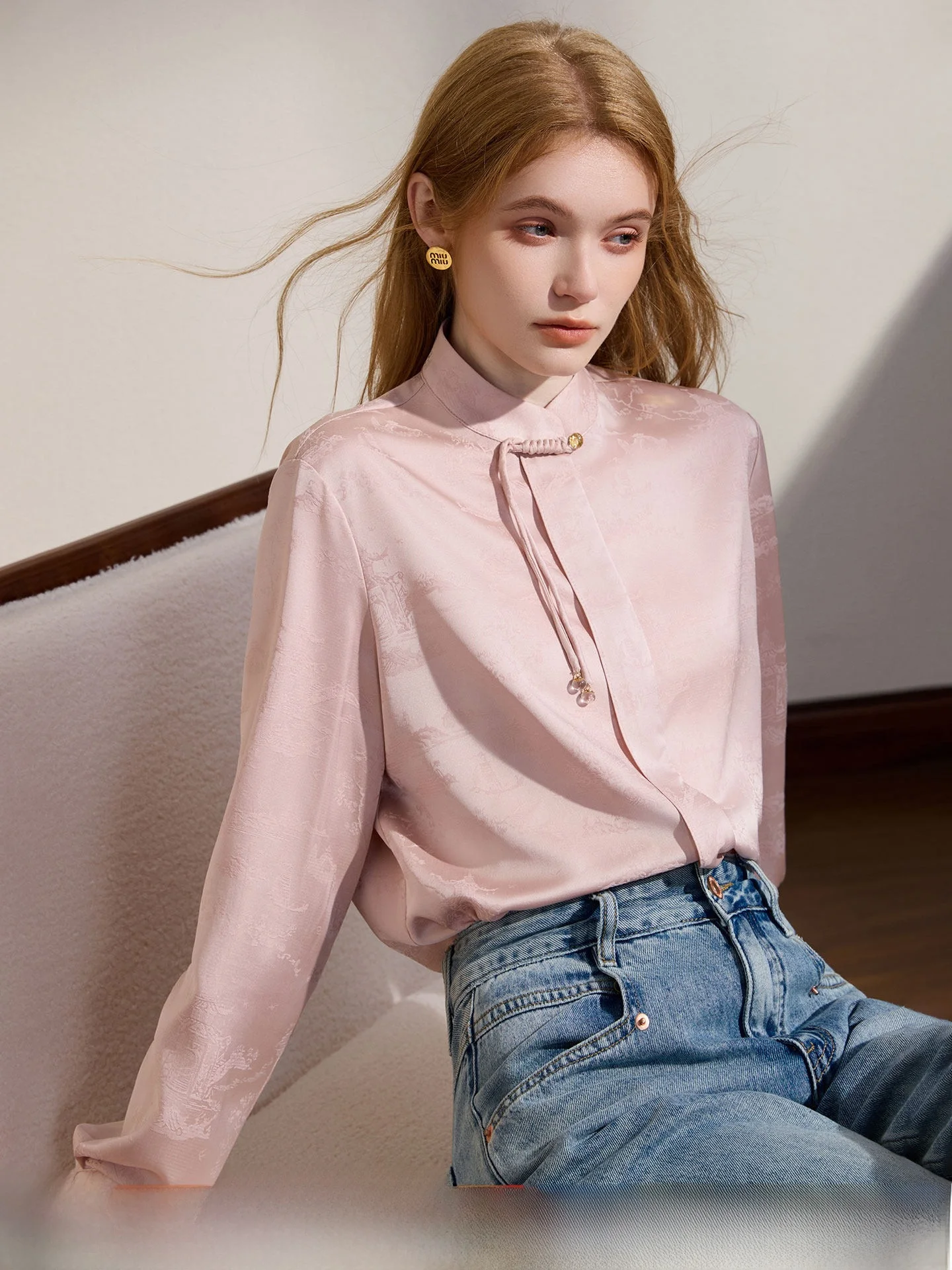 Elegant Chinese Style Shirt Satin Long Sleeve Stand Collar Button up Dark Pattern Women's Fashion Autumn Top by KUHNMARVIN