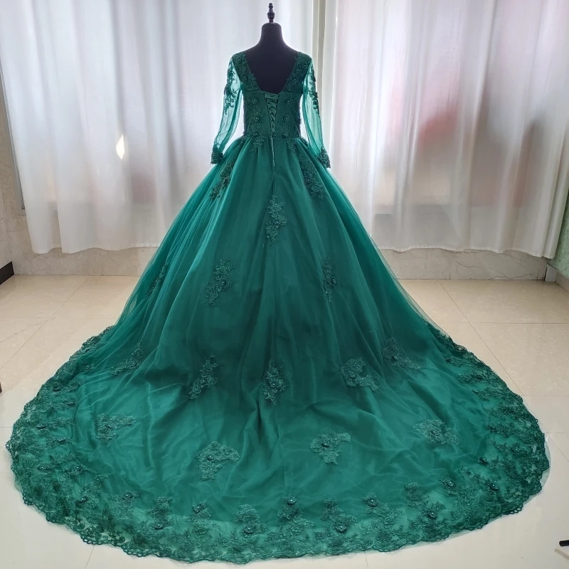 Robe de Rhà manches longues et col en V, appliques de luxe personnalisées, robe de Quinceanera champagne, robe de soirée douce, robe éducative vintage, grande taille, 15 ans