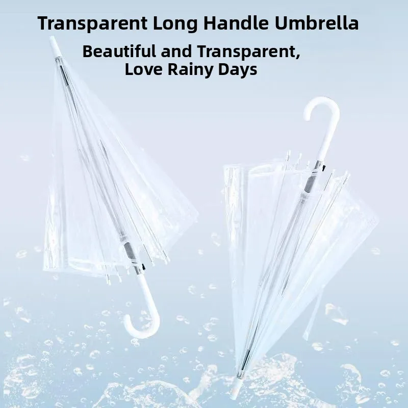 Transparent Plastic Rain Umbrella Long Handle Disposable White High Aesthetic Value Rain Flower in the Rain PVC Auatic Umb...