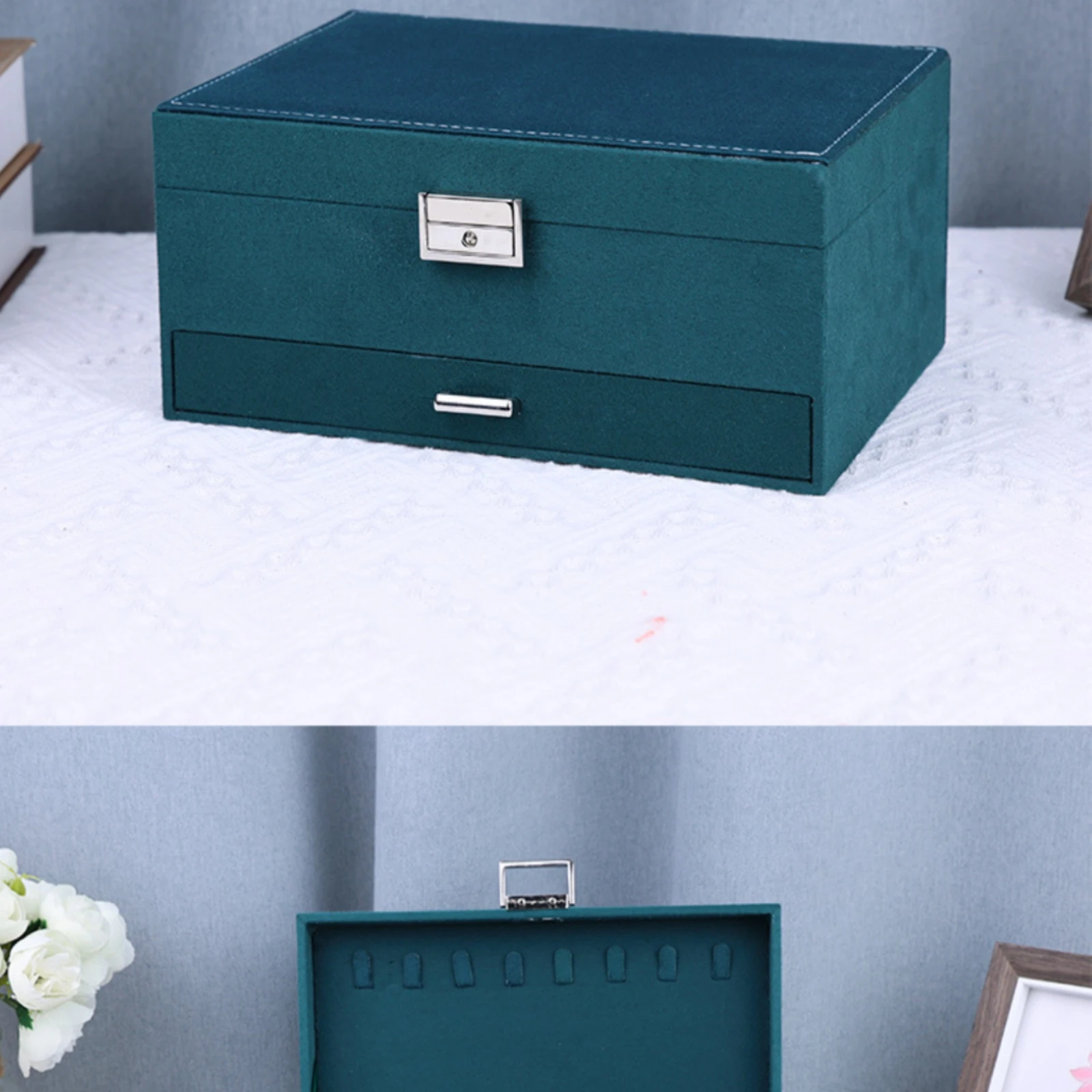 Velvet Jewelry Box Divided Compartments Jewelry Box with Drawer Display Case Hinged Lid Metal Latch