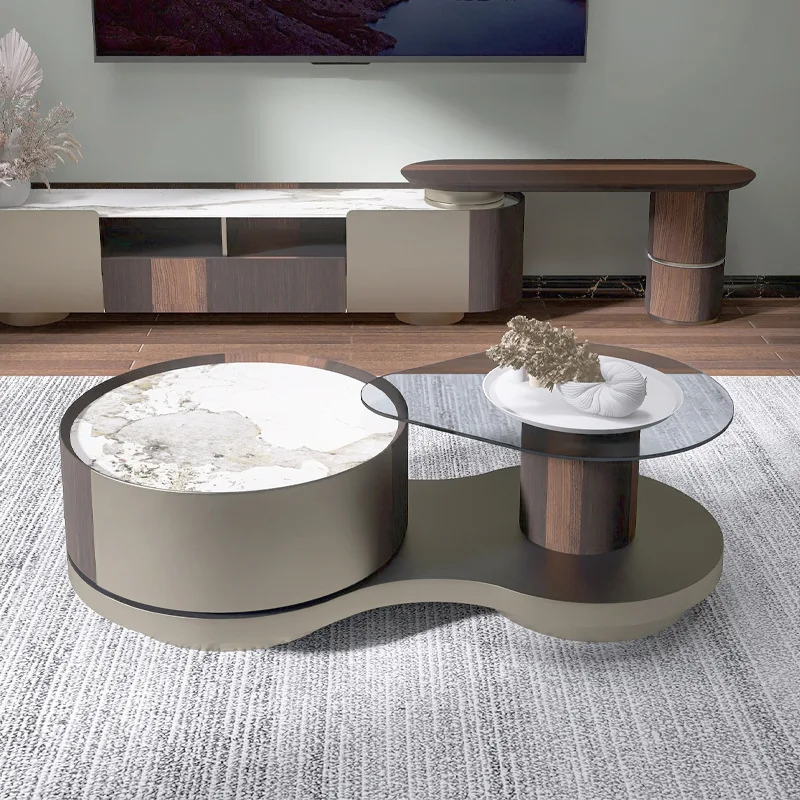 Zestaw Stolików Kawowych do Salonu Okrągły Inteligentny Stolik Boczny z Marmuru i Kamienia Spiekanego Włoski Design Stal Nierdzewna