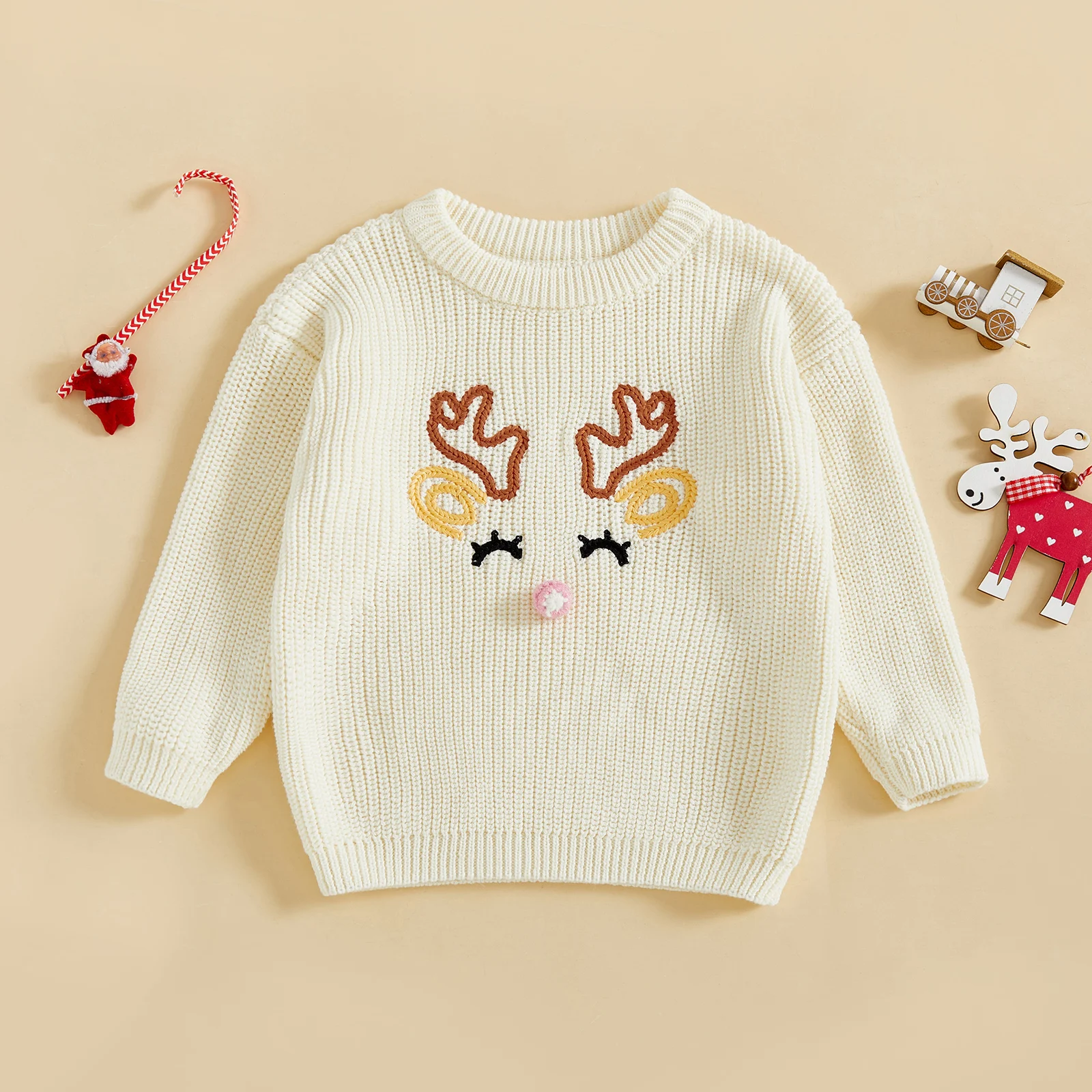 

Baby Girl Boys Christmas Sweaters Classic Long Sleeve Reindeer/Letter Embroidery Knit Pullover Toddler Tops