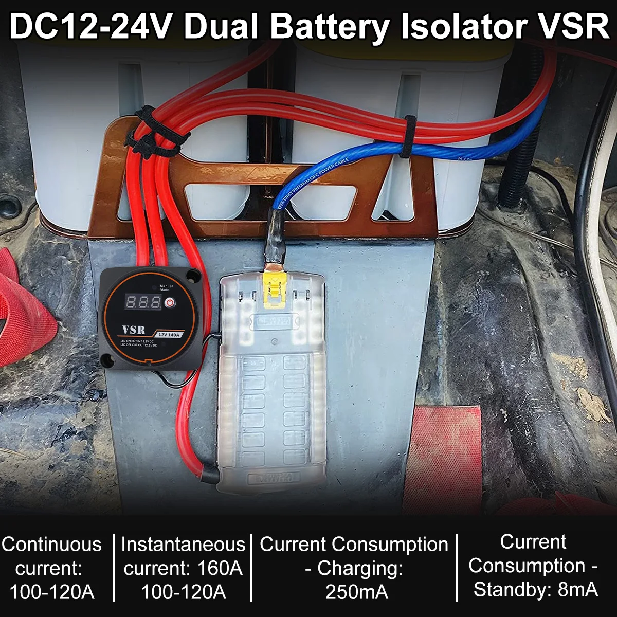 Dual Battery Isolator 12V 140AMP Waterproof Battery Voltage Sensitive Relay LED Double Battery Isolator for Campers Caravans