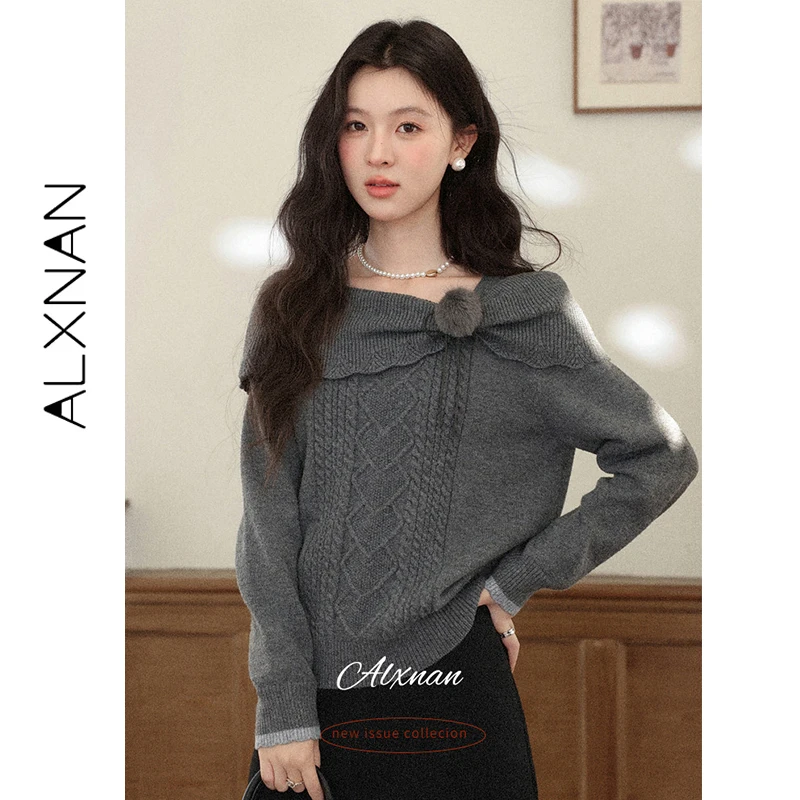 

ALXNAN Gray Knit Sweater Women 2025 Winter Warm Casual Loose-fit Jumper Chic Neckline Elegant Fashion Pullover Ladies L60618