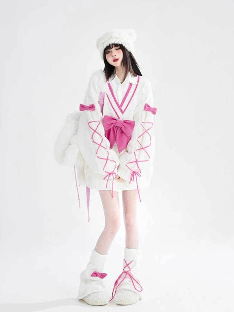 

Осень 2000-х годов, хит продаж, милый американский винтажный пуловер с v-образным вырезом и бантом в стиле пэчворк, свитера с длинными рукавами Y2k Kawaii, свободные субкультурные свитера