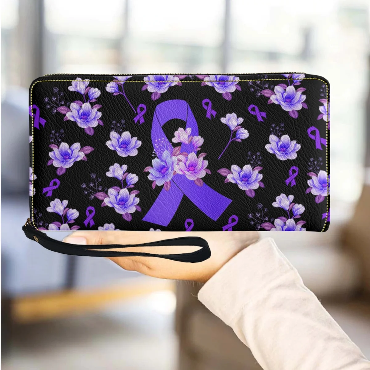 

Breast Cancer Design Women Wallets Purple Flower Luxury Leather Travel Girls Purse with Zipper Casual Portable Female Money Bags