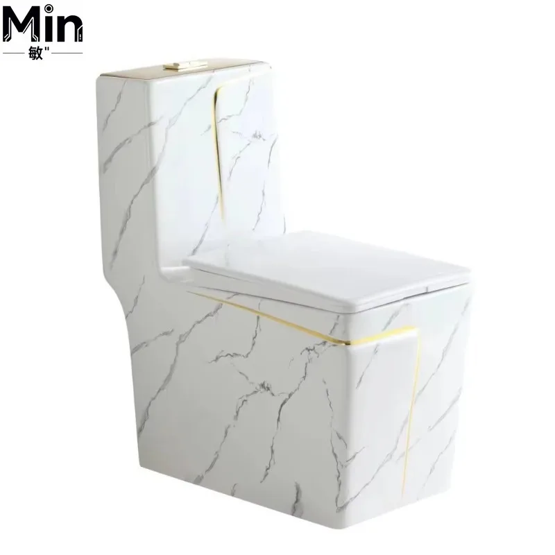 European Style Gold Trim Square Ceramic Toilet Two-Stage Flushing Press Type Toilet for Middle East Market Bathroom