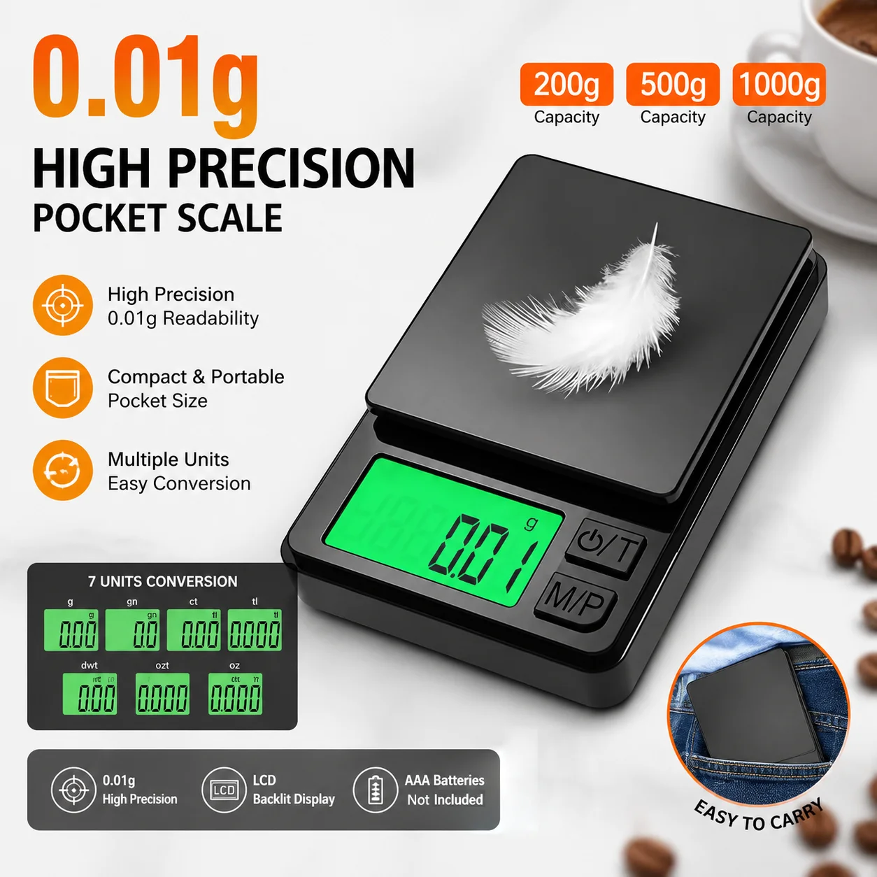 Balance de précision de poche 1000g x 0,01g - Balance numérique pour aliments, bijoux, onces/grains, mini-balance de poche, petite balance
